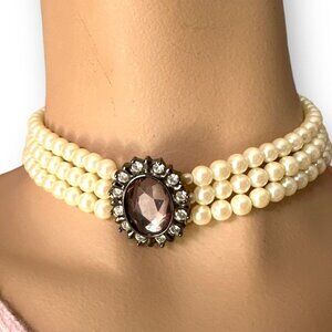 Three Strands Faux Pearl Choker Necklace Large CZ Accented w/ Rhinestone Pendant